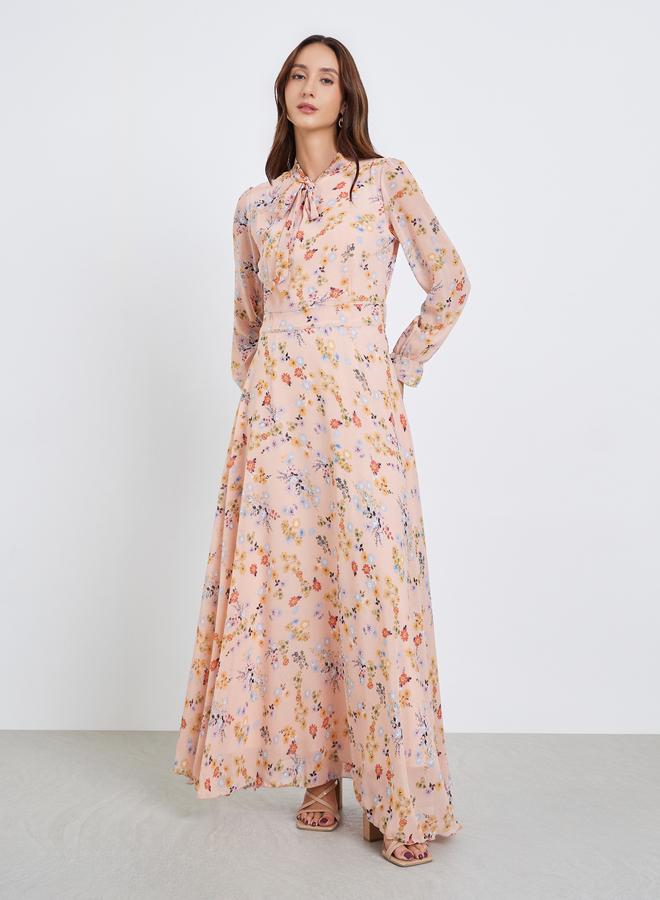 تايك تو فستان ماكسي نسائي بطبعة زهور وربطة عنق وأساور مطاطية - Image 1